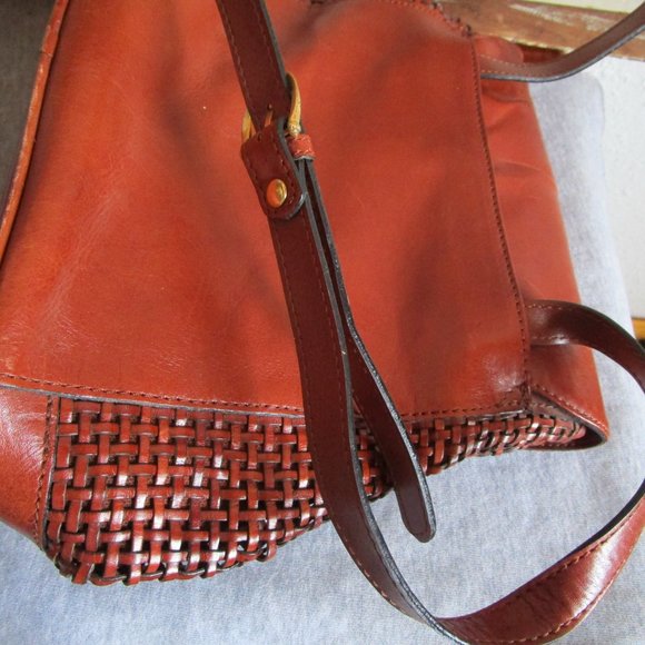 Brown leather wicker style handbag with long strap. Bruno Lorelli. 12x10" Used. - Picture 11 of 12